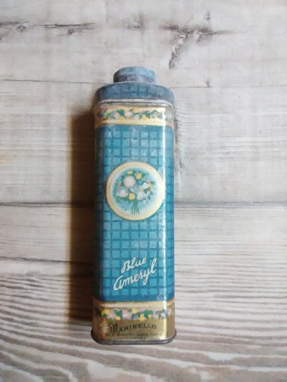 vtg 1921 Marinello powder tin Blue Ameryl COLLECTIBLE -- display / decor ONLY